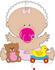 #33484 Clipart Of A Baby Girl In A Bonnet, Wearing A Pink Bow And Diaper, Sucking On A Pacifier And Playing With Toys In A Nursery by Maria Bell