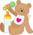 #33537 Clipart of a Baby Teddy Bear In A Bib, Shaking A Rattle And Sitting With A Bottle Of Formula by Maria Bell