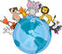 #33561 Clip Art Graphic Of A Happy Group Of Animals A Bunny Fox Dog Cat Elephant Mouse Lion Lamb And Skunk With A Butterfly Being Peaceful And Standing On The Globe by Maria Bell