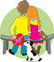 #33594 Clip Art Graphic of a Cute Child Couple Sitting On A Bench With A Teddy Bear, A Dog Sniffing The Valentines Day Chocolates That The Boy Is Holding by Maria Bell