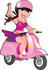 #33622 Clip Art Graphic of a Dainty Character Lady In Pink, Riding A Vespa And Waving by Maria Bell