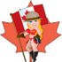 #33633 Clip Art Graphic of a Dainty Character Lady In Patriotic Clothes, Standing With A Canada Flag And A Maple Leaf by Maria Bell