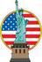 #33646 Clip Art Graphic of a Circular American Flag Behind The Statue Of Liberty by Maria Bell