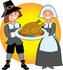 #33674 Clip Art Graphic of a Generous Pilgrim Couple Serving Cooked Thanksgiving Turkey by Maria Bell