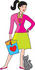 #34129 Clip Art Graphic of a Fashionable Young Woman Carrying a Bag and Standing With a Kitten by Maria Bell