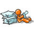 #34258 Clip Art Graphic of an Orange Guy Character Sitting On The Floor And Going Through A Large Stack Of Papers At Work by Jester Arts