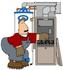 #35653 Clip Art Graphic of a Caucasian Man Bending And Repairing A Furnace By A Water Heater by DJArt