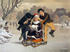 #35658 Stock Illustration of Two Boys Flirting And Competing For The Love Of A Blond Girl, Who They Are Pushing On A Sled As They Skate On Ice by JVPD