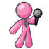 #37963 Clip Art Graphic of a Pink Guy Character Holding a Microphone by Jester Arts