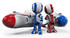 #41191 Clip Art Graphic of AO-Maru Robots In Blue And Red, Standing By Racing Missile Rockets by Jester Arts