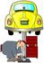 #41351 Clip Art Graphic of a Mechanic Working Under A Yellow Slug Bug VW Car On A Lift In A Garage by DJArt