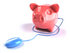 #44288 Royalty-Free (RF) Illustration of a 3d Blue Computer Mouse Around A Pink Piggy Bank - Pose 3 by Julos