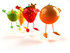 #46600 Royalty-Free (RF) Illustration Of 3d Green Apple, Banana, Strawberry And Orange Mascots Jumping In A Line - Version 2 by Julos