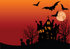 #56359 Royalty-Free (RF) Clip Art Illustration Of Bats, Tombstones And A Haunted House Silhouetted Under An Orange Full Moon Sky by pushkin