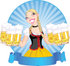#56440 Royalty-Free (RF) Clip Art Illustration Of A Blond Beer Maiden Serving Frothy Beers At Oktoberfest, Over A Blank Blue Banner by pushkin