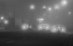Cars Stopped at a Traffic Light and Foggy Weater