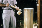 Field Researcher Using a Hand-Held Sprayer to Knock Down Mosquitoes from the Screen of a Horse Stable Mosquito Trap