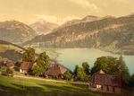 Homes, Church, Lake Thun and Mountains, Switzerland