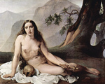 Photo of a Sorrowful Mary Magdalene Seated Nude With a Human Skull and Cross