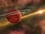 Photo of a Red Ringed Planet Being Born Out of Dust