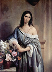 Photo of a Woman in a Blue Gown, Posing by Flowers, by Francesco Hayez