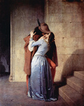 Photo of a Man Passionately Kissing a Woman at the Base of a Staircase, The Kiss, by Francesco Hayez