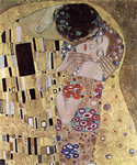 Photo of a Closeup Detail of a Man Kissing a Woman on the Cheek, The Kiss by Gustav Klimt