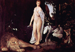 Photo of a Nude Woman by a Sleeping Lion and Birds by Gustav Klimt