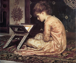 Photo of a Girl Sitting on a Carpet, Reading a Book at a Reading Desk by Frederic Lord Leighton