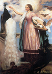 Photo of a Girl in a Pink Dress Feeding Peacocks by Frederic Lord Leighton