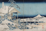 Photo of a Man and Women on a Balcony, Viewing Mount Fuji in a Snowy Landscape, Japan