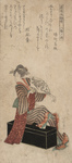 Photo of a Geisha Woman Sitting on a Trunk and Holding a Fan