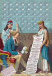 Stock Photography of Lady Liberty Writing Information on the Dakota Area While Uncle Sam and a Bald Eagle Read a Scroll That is Being Held by a Female Personification of Dakota