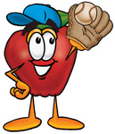 Clip art Graphic of a Red Apple Cartoon Character Catching a Baseball With a Glove