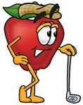 Clip art Graphic of a Red Apple Cartoon Character Leaning on a Golf Club While Golfing