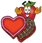 Clip art Graphic of a Red Apple Cartoon Character With an Open Box of Valentines Day Chocolate Candies