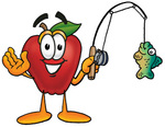 Clip art Graphic of a Red Apple Cartoon Character Holding a Fish on a Fishing Pole