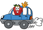 Clip art Graphic of a Red Apple Cartoon Character Driving a Blue Car and Waving