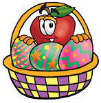 Clip art Graphic of a Red Apple Cartoon Character in an Easter Basket Full of Decorated Easter Eggs