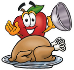 Clip art Graphic of a Red Apple Cartoon Character Serving a Thanksgiving Turkey on a Platter