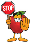 Clip art Graphic of a Red Apple Cartoon Character Holding a Stop Sign