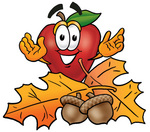 Clip art Graphic of a Red Apple Cartoon Character With Autumn Leaves and Acorns in the Fall