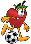 Clip art Graphic of a Red Apple Cartoon Character Kicking a Soccer Ball