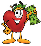 Clip art Graphic of a Red Apple Cartoon Character Holding a Dollar Bill