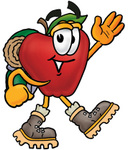 Clip art Graphic of a Red Apple Cartoon Character Hiking and Carrying a Backpack