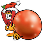 Clip art Graphic of a Red Apple Cartoon Character Wearing a Santa Hat, Standing With a Christmas Bauble