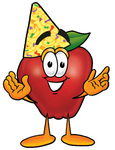 Clip art Graphic of a Red Apple Cartoon Character Wearing a Birthday Party Hat
