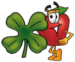 Clip art Graphic of a Red Apple Cartoon Character With a Green Four Leaf Clover on St Paddy’s or St Patricks Day