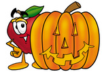 Clip art Graphic of a Red Apple Cartoon Character With a Carved Halloween Pumpkin