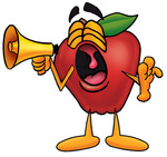Clip art Graphic of a Red Apple Cartoon Character Screaming Into a Megaphone